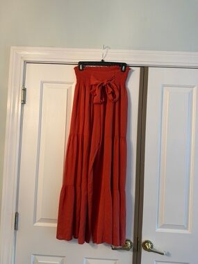 Smocked Waist Wide-Leg pants  in Rust Red/orange with Front Tie